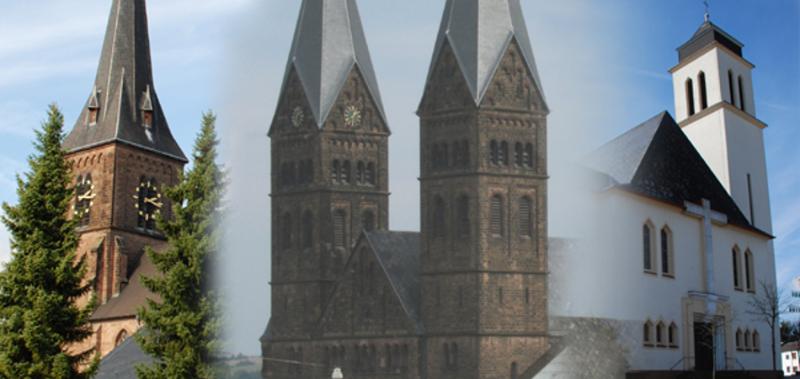 Man sieht Fotos von drei Kirchen in einer Collage nebeneinander