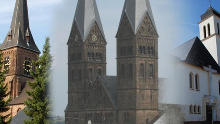 Man sieht Fotos von drei Kirchen in einer Collage nebeneinander